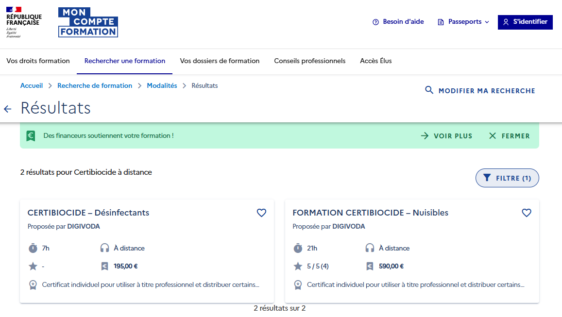 Recherche formation Certibiocide sur Mon Compte Formation